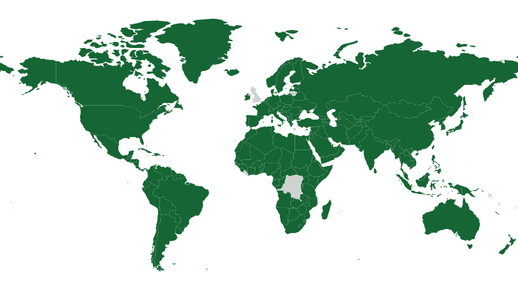 World map with the countries the company deals with shaded green